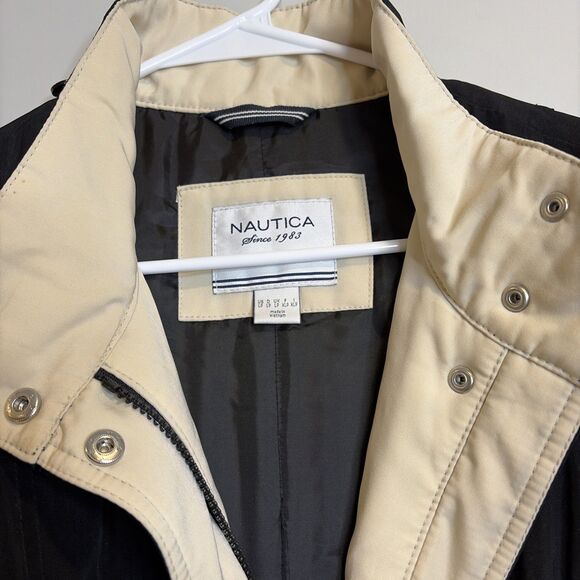 Nautica Coat Sz LP Women’s Black Ivory Polyester Zip Snap Jacket Missing Hood - Picture 8 of 16